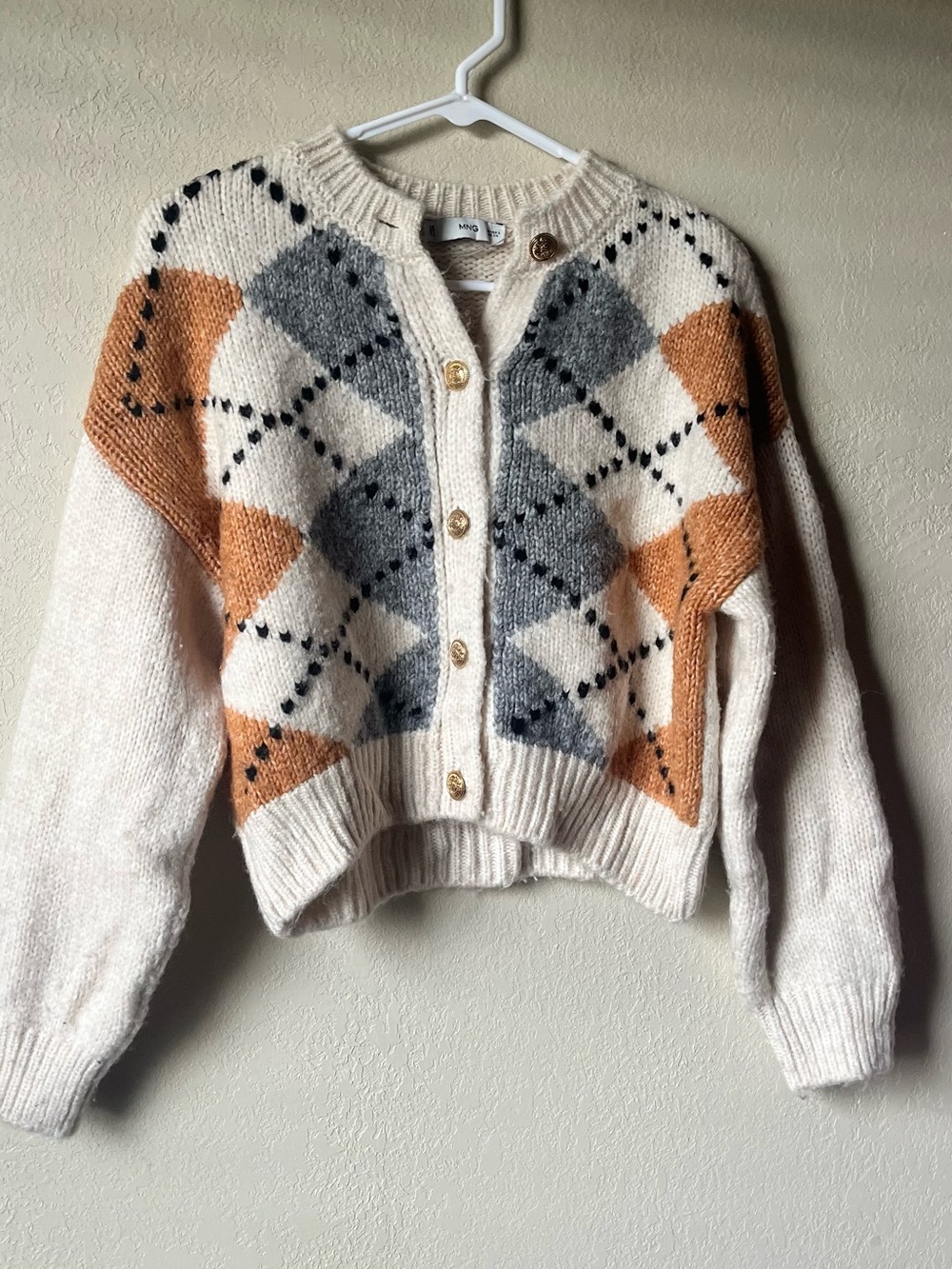 MANGO Brand Argyle Print Button Front Cardigan